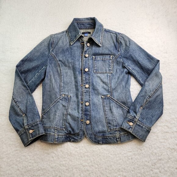 Nautica Button Up Denim Jacket Women S Cotton Stretch Pockets Long Line Spring - Picture 1 of 8